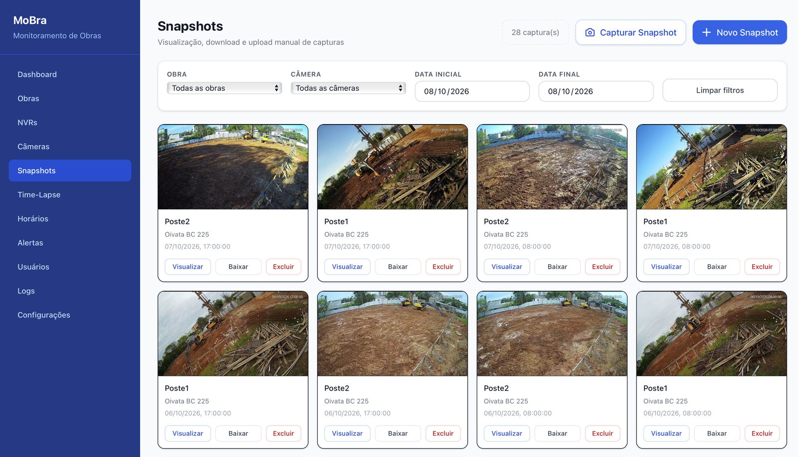 Tela de snapshots do MoBra com capturas de duas câmeras da obra, filtros por obra, câmera e data